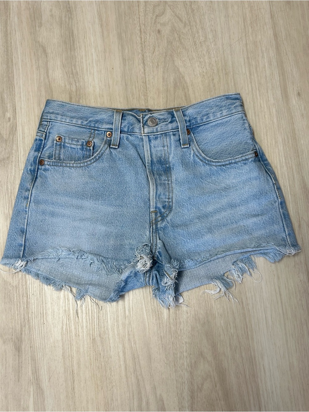 Levis 501 Button Fly Denim Frayed Shorts Womens Size 25 Blue